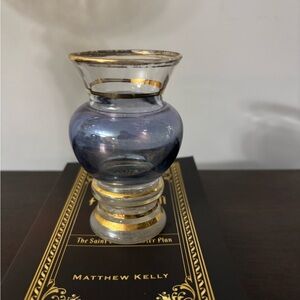 Small Vintage Bartlett Collins Alexandrite glass bud vase with gold gilt bands.